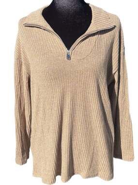 Ribbed Quarter-Zip Pullover - Tan Beige Mock Neck Knit - Large